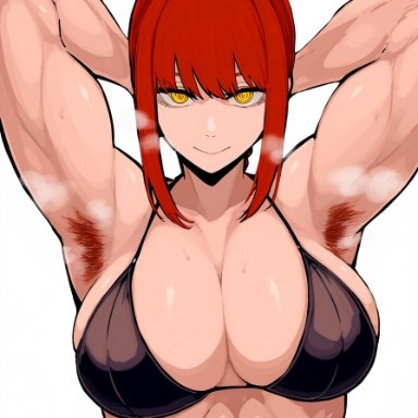 chainsaw man, makima (chainsaw man), gloopai, 1girls, abs, armpit fetish, armpit hair, armpits, arms up, big breasts, bikini, bikini top, black bikini, breasts, female