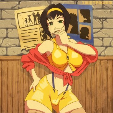 cowboy bebop, faye valentine, twistedgrim, 1girls, big areola, big nipples, black hair, breasts, breasts out, female, female only, looking at viewer, medium breasts, no bra, opening shirt