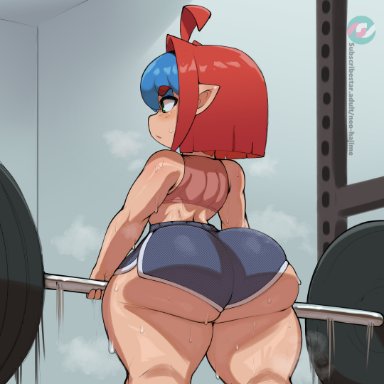 jane (neo hajime), neo hajime, 1girls, ass, big ass, bottom heavy, flat chest, gym, gym shorts, huge ass, long ears, shorts, shortstack, sweat, sweat clouds