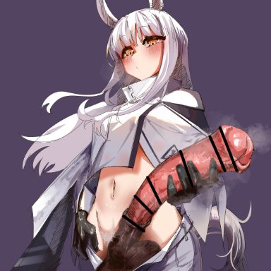 arknights, platinum (arknights), iyouqi, 1futa, animal ears, animal genitalia, balls, big balls, big breasts, blush, breasts, clothed, clothing, erection, futa only