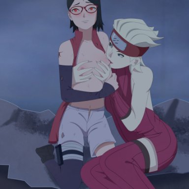 boruto: naruto next generations, naruto, naruto (series), buntan kurosuki, sarada uchiha, optimystic, 2girls, after battle, after fight, biting, black hair, blonde hair, blood, blue eyes, blush