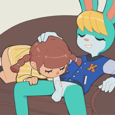 animal crossing, animal crossing new horizons, nintendo, sasha (animal crossing), villager (animal crossing), fridge (artist), 1boy, anthro on human, bottomless, brown hair, closed eyes, colored skin, couch, dominant anthro, dominant male