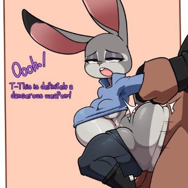 disney, zootopia, judy hopps, the yeager, theyeager, ambiguous penetration, anthro, arm grab, arm pull, ass, balls, big balls, big butt, bottomwear, bottomwear down