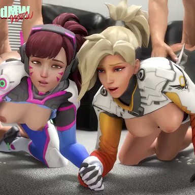 overwatch, overwatch 2, d.va, mercy, toasted microwave, 2boys, 2girls, asian, asian female, blonde hair, breasts, doggy style, exposed breasts, foursome, from behind