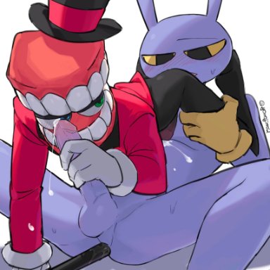 the amazing digital circus, jax (the amazing digital circus), yonojimo, anthro, black body, blush, bow tie, bunny, bunny ears, cum, denture, eye ball, eyes, gay, gloves