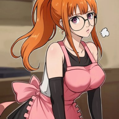 atlus, persona, persona 5, persona 5 tactica, sakura futaba, lepypepy, 1girls, big breasts, brown hair, female, female only, glasses, kitchen, long hair, maid