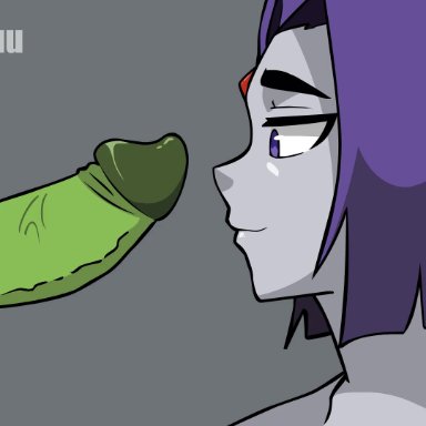 dc, teen titans, beast boy, raven (dc), wueruu, blowjob, cum, cum in mouth, cum inside, deepthroat, gem on forehead, glory hole, gloryhole, goth, green body