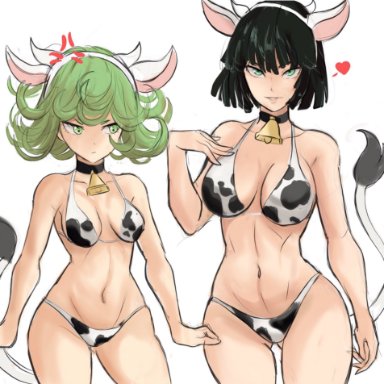 one-punch man, fubuki (one-punch man), tatsumaki, rakeemspoon, 2girls, bell, bell collar, bikini, black hair, breasts, breasts envy, collar, cow ears, cow horns, cow print