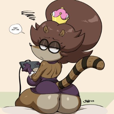 mario (series), new super mario bros. u deluxe, regular show, rigbbette, rigbette (benson dancing), rigby (regular show), joaoppereiraus, 1girls, anthro, ass, big ass, brown hair, bubble butt, clothing, crown