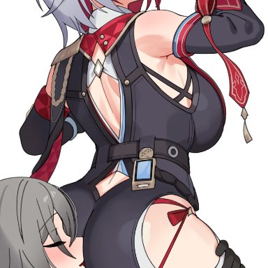 honkai (series), honkai: star rail, stelle (honkai: star rail), topaz (honkai: star rail), ndgd, 2girls, ass, bare shoulders, belt, black gloves, blue eyes, blush, breasts, closed mouth, colored inner hair