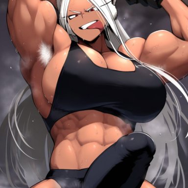 my hero academia, miruko, rumi usagiyama, gloopai, abs, angry, arm behind head, armpit fetish, armpit hair, armpits, arms up, big penis, boxing, boxing gloves, bulge