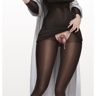 original, rmi (damon), damon (artist), 1futa, balls, big breasts, black dress, black footwear, blue hair, blush, bottle, bralines, breasts, brown hair, brown pantyhose