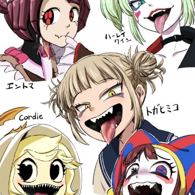 cliffside, dc, glitch productions, my hero academia, overlord (maruyama), the amazing digital circus, cordie, cordie (cliffside), entoma vasilissa zeta, harley quinn, himiko toga, pomni, toga himiko, 4shi, 4girls