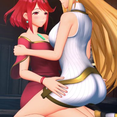 nintendo, xenoblade (series), xenoblade chronicles 2, mythra, pyra, nodusfm, 2girls, ass, blonde hair, breasts, dat ass, female, gold eyes, huge ass, huge breasts