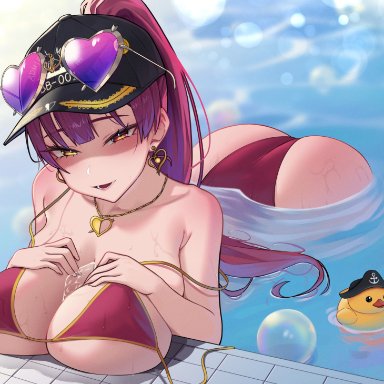 hololive, houshou marine, yzr (yzr99), 1girls, afloat, alternate breast size, ass, ass up, barefoot, baseball cap, big ass, bikini, bikini top undone, breast rest, breasts