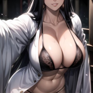 bleach, unohana retsu, norsealee, 1girls, abs, barely clothed, big breasts, black hair, blue eyes, bra, breasts, cherry blossoms, cleavage, clothing, earrings