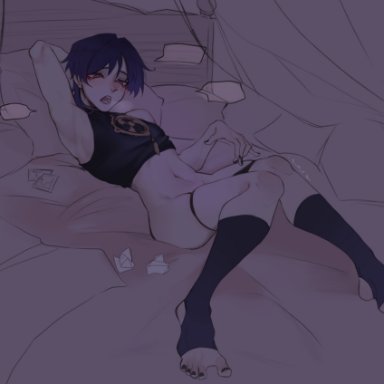 genshin impact, scaramouche (genshin impact), artist request, bed, cuntboy, femboy, fingering, masturbating, masturbation, panties down, purple hair, short hair, solo, toenail polish, no visible genitalia