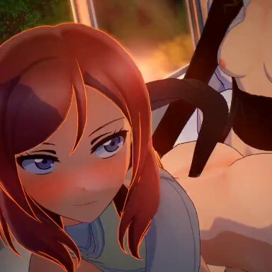 love live!, rwby, nishikino maki, weiss schnee, drtarnished, 1futa, 1girls, against surface, ass, breasts, cum, cum inside, cumming inside, cumming while penetrating, from behind