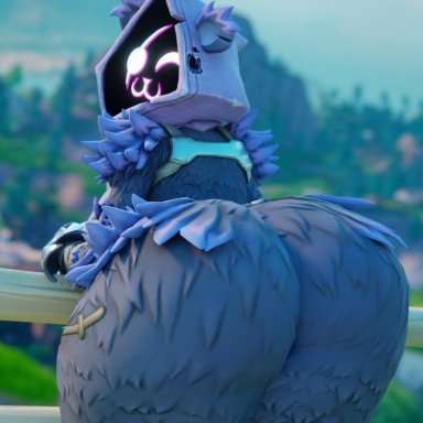 epic games, fortnite, raven team leader, doonography, ass, big butt, butt focus, fur, huge butt, looking at viewer, looking back, purple body, purple fur, solo, 3d (artwork)