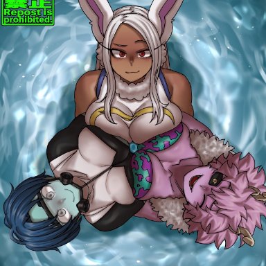 my hero academia, bubble girl, mina ashido, miruko, shosho oekaki, 3girls, big breasts, blue body, blue hair, blue skin, bunny ears, cleavage, dark skin, dark-skinned female, eyebrows