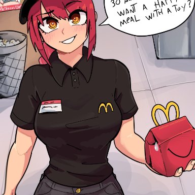 chainsaw man, mcdonald's, yoru mac, makima (chainsaw man), ronald mcdonald, dashi art, bikini top, breasts, clothed, clothing, female, female focus, female only, poster, red hair