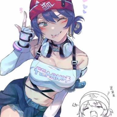 le sserafim, overwatch, overwatch 2, antifragile kira-kira, kiriko (overwatch), armpit crease, bare shoulders, beanie, black choker, blush, bracelet, breasts, choker, cleavage, clothes around waist