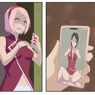 boruto: naruto next generations, naruto, naruto (series), sakura haruno, sarada uchiha, frogart1, 2girls, after sex, after vaginal, black hair, blackmail, breasts, condom, cum, cum in pussy