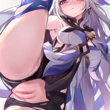 genshin impact, skirk (genshin impact), tomas (kaosu22), breasts, butterfly hair ornament, closed mouth, detached sleeves, expressionless, female, gradient gloves, grey hair, hair between eyes, hair ornament, leg up, long hair