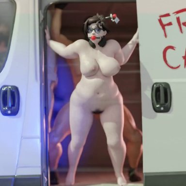 overwatch, mei (overwatch), tracer, bloggerman, asian, ball gag, bouncing belly, bouncing breasts, car, chubby, damsel in distress, fat, gagged, glasses, humiliation