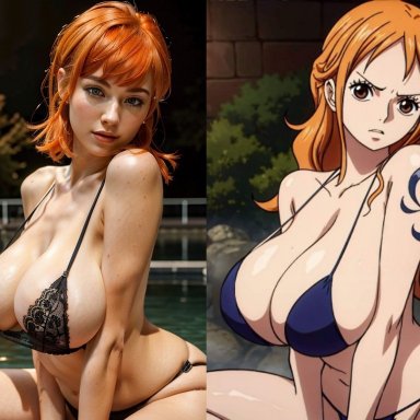 one piece, nami, nami (one piece), bikini, orange hair, ai generated, anime, realistic