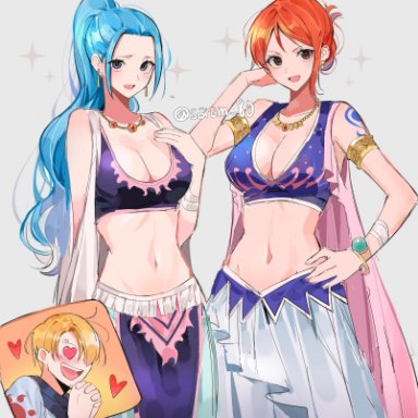 arabasta saga, one piece, nami, nefertari vivi, vinsmoke sanji, joman, saram 80, alabasta, arabian clothes, belly dancer, belly dancer outfit, blonde hair, blue hair, cleavage, harem