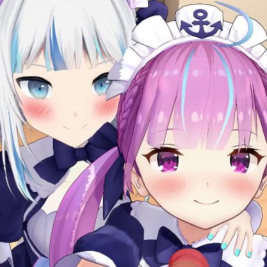 hololive, hololive english, gawr gura, minato aqua, shrimp3528 mmd, 2girls, maid headdress, maid outfit, maid uniform, penis, real voice, mmd, original voice, sound, tagme