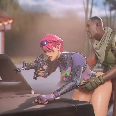 fortnite, fortnite: battle royale, brite bomber, frolich, 1boy, 1girls, car, dark-skinned male, doggy style, eyewear on head, firearm, gloves, gun, holding weapon, interracial