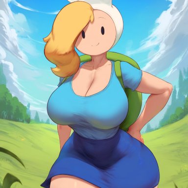 adventure time, fionna the human girl, krystalizedart, 1girls, backpack, blonde hair, blue shirt, blue skirt, blue topwear, bunny ears, cleavage, dot eyes, grass, grass field, hand on hip