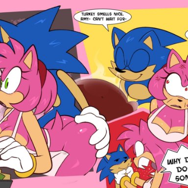 sonic (series), sonic the hedgehog (series), thanksgiving, amy rose, sonic the hedgehog, monamania, angry, angry expression, angry face, ass, ass grab, barely clothed, big ass, big breasts, big thighs