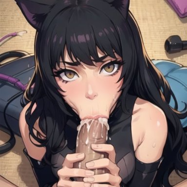 rooster teeth, rwby, blake belladonna, pixai, whisperinggale, cat ears, cum, cum in mouth, looking at viewer, pov, ai generated, self upload