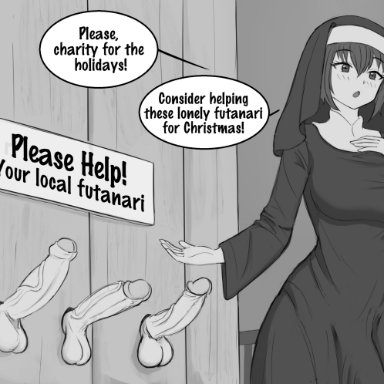 christmas, kurofuro, 5futas, balls, ballsack, big breasts, big penis, blush lines, breasts, circumcised, clothed, clothing, erect penis, erection, erection under clothes