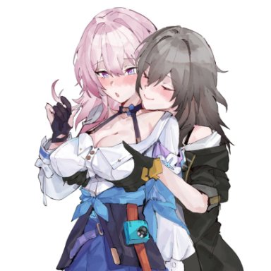 honkai (series), honkai: star rail, march 7th (honkai: star rail), stelle (honkai: star rail), wktfrv47n, 2girls, blush, breasts, chestnut mouth, cleavage, closed eyes, closed mouth, gloves, grabbing, grabbing another's breast
