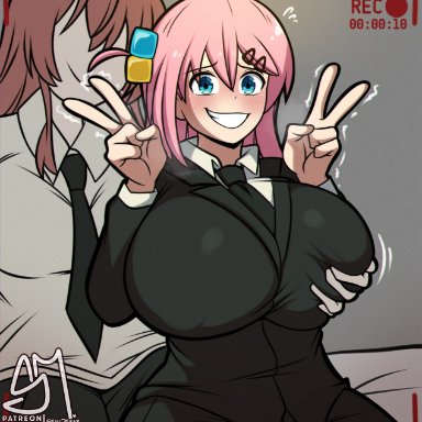 bocchi the rock!, chainsaw man, gotou hitori, higashiyama kobeni, semidraws, blue eyes, blush, breasts, female, gigantic breasts, grabbing breasts, huge breasts, long hair, looking at viewer, peace sign