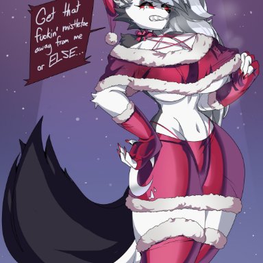 christmas, helluva boss, loona (helluva boss), captain kirb, 1girls, annoyed, anthro, ass, big ass, big breasts, big thighs, breasts, butt, canine, christmas outfit