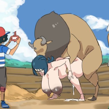 nintendo, pokemon, generation 1 pokemon, lana's mother (pokemon), pokemon (species), tauros, batibatizekkyou, ambiguous penetration, areola, ass, being watched, bent over, big areola, big breasts, big butt