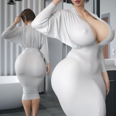 saeko mukouda, stevencarson, 1futa, bulge through clothing, futanari, huge ass, huge bulge, huge cock, large breasts, mirror, nipple bulge, nipples, tight clothing, tight dress, veiny penis