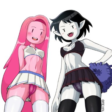 adventure time, marceline, princess bubblegum, reviruu, 2girls, big breasts, black hair, cheerleader, cheerleader uniform, cleavage, fangs, female, female only, long hair, looking at viewer