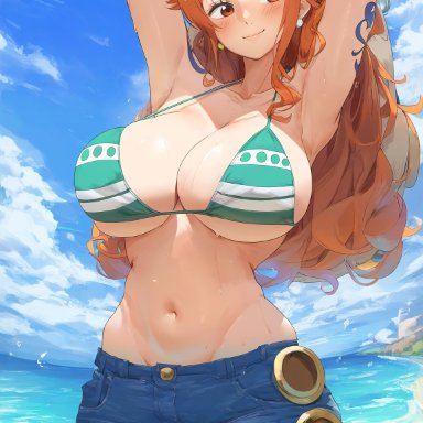 one piece, nami, amiral ai, 1girls, beach, bikini, breasts, cleavage, female, female only, huge breasts, jeans, light skin, light-skinned female, long hair