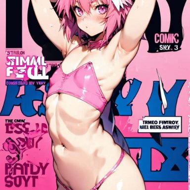 fate (series), fate/grand order, astolfo (fate), astolfo (fate/apocrypha), a1exwell, armpits, arms behind head, bulge, crop top, femboy, looking at viewer, playboy magazine cover, thong, trap, ai generated