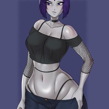 dc, dc comics, teen titans, raven (dc), xelaroseart, casual, curvy, demon girl, fishnets, goth, jeans, large ass, large breasts, tank top, thick ass