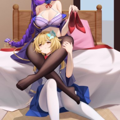 genshin impact, lumine (genshin impact), raiden shogun, luai, 2girls, arms, bare shoulders, bed, bedroom, belly, big breasts, blonde hair, breasts, closed mouth, clothed