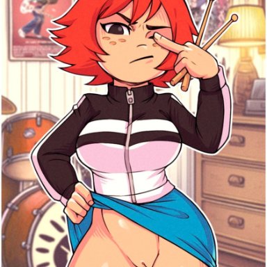 scott pilgrim, kim pine, algozhell, ass, background, big ass, big breasts, big thighs, breasts, huge ass, huge thighs, jacket, lifting skirt, looking at viewer, pussy