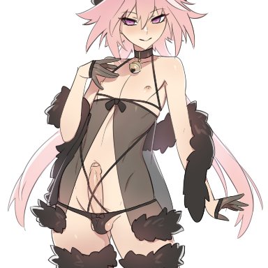 fate (series), fate/apocrypha, astolfo (fate), mokotoko9, :&gt;, 1boy, babydoll, bell, black babydoll, black panties, black thighhighs, collar, crossdressing, erection, femboy