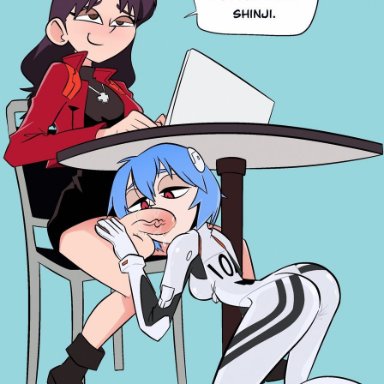 neon genesis evangelion, misato katsuragi, rei ayanami, joshin, 1futa, 1girls, balls, bending forward, bent over, big penis, blowjob, blowjob under table, blue hair, bodysuit, bottomless